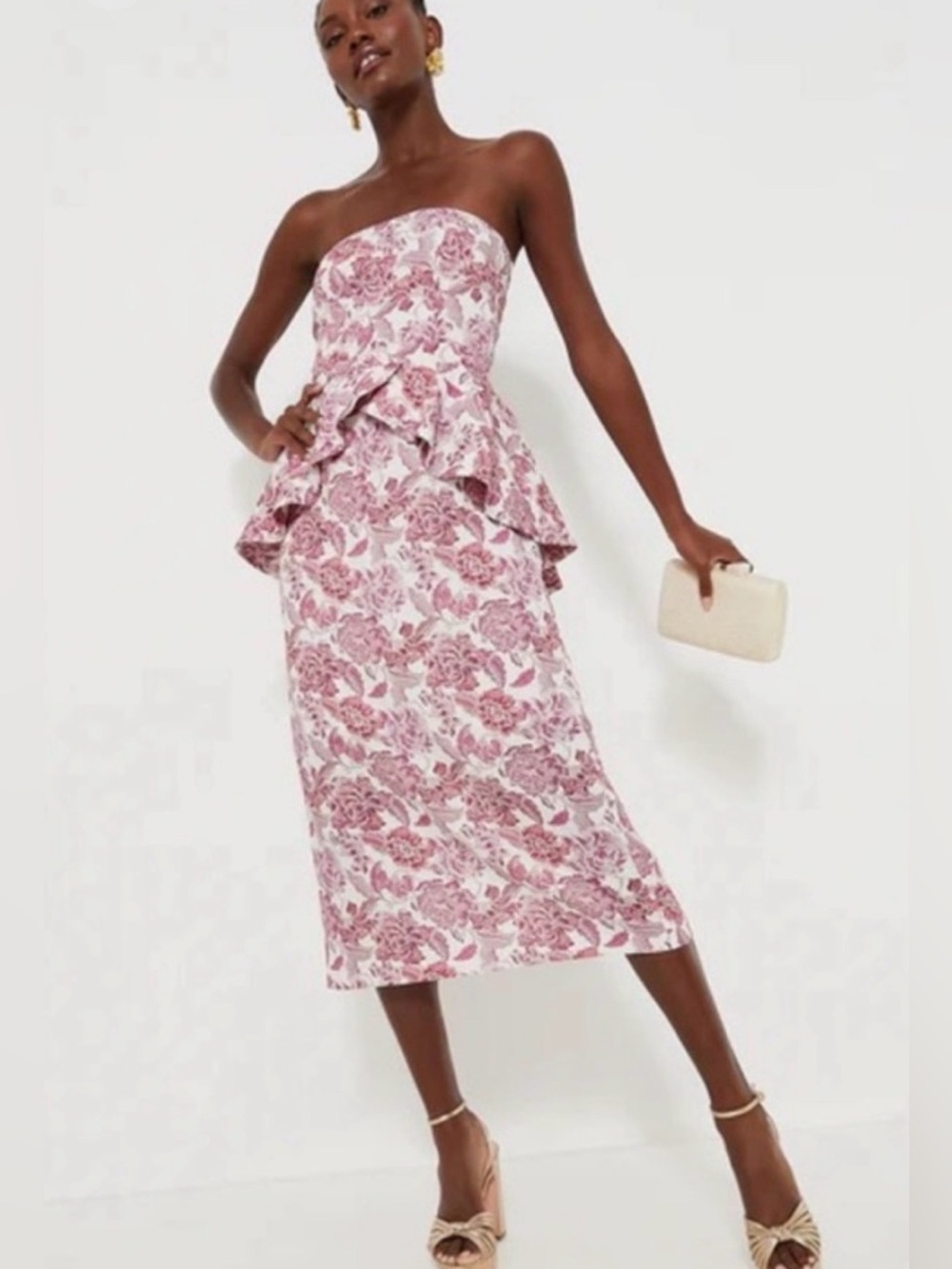 NWT! HYACINTH HOUSE Size M • Pink Rosewood Roxanne Strapless Floral Midi Dress.